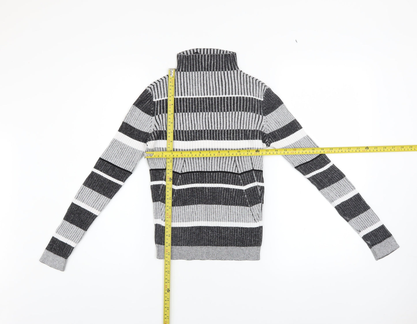 Vero Moda Women's Grey Striped Roll Neck Ribbed Jumper Size M