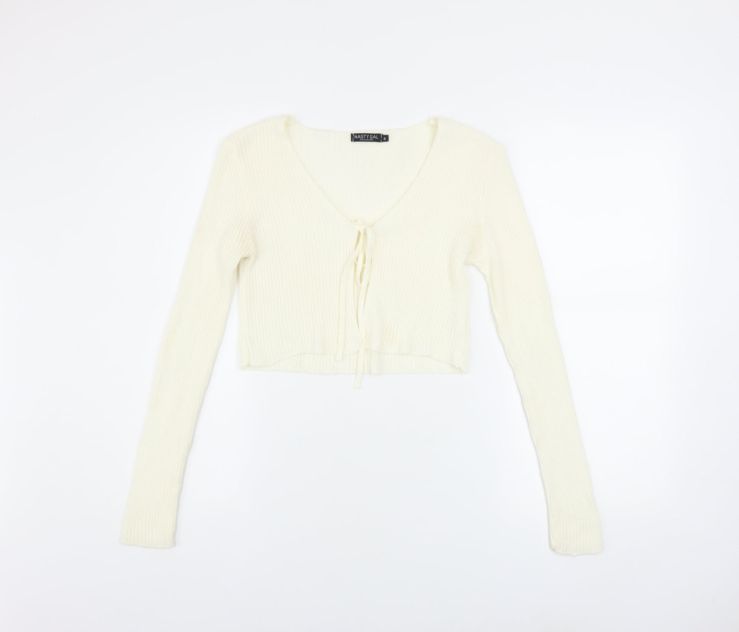 Nasty Gal Women's Ivory Cropped Knit Long Sleeve Tie Top Size S