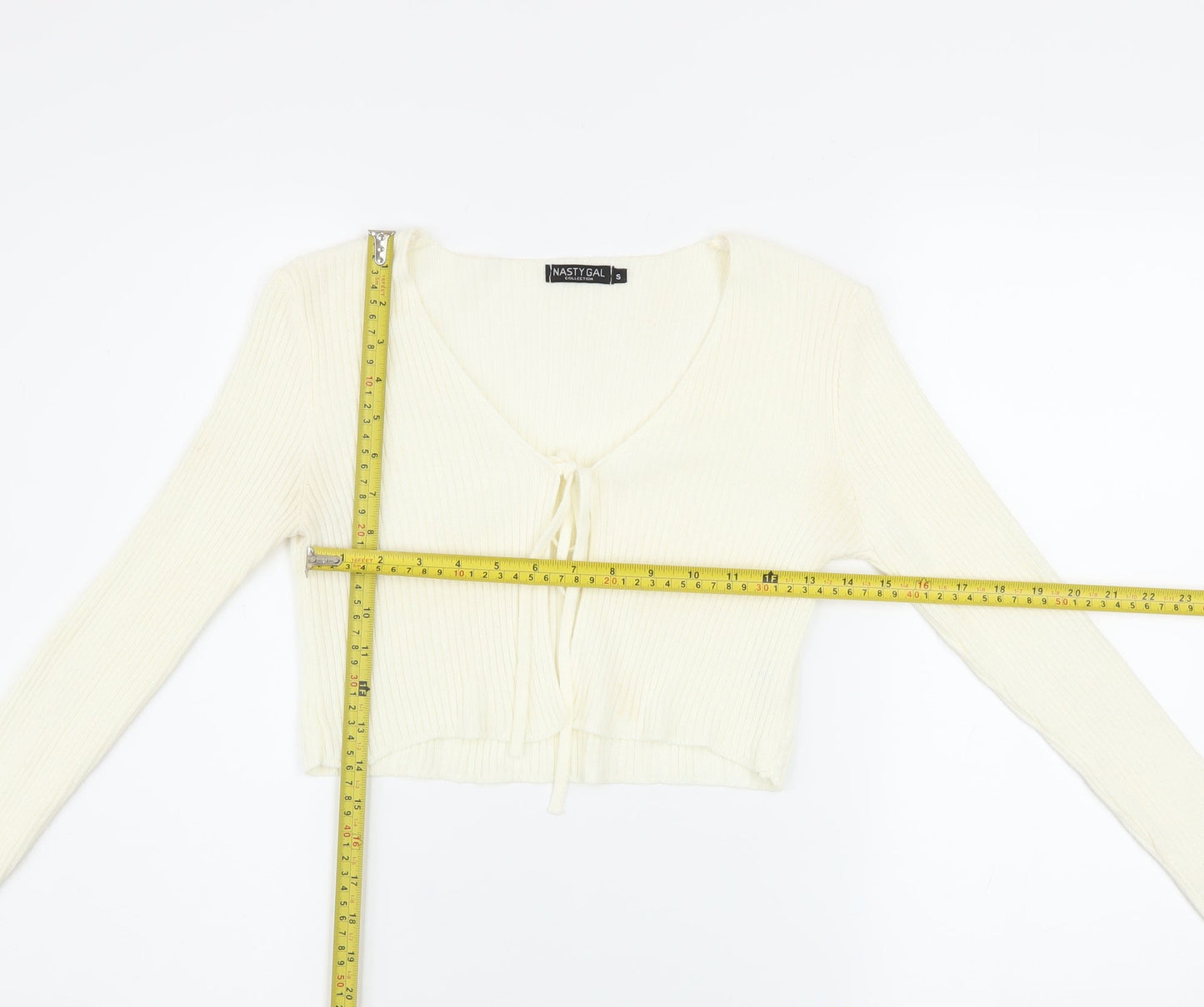 Nasty Gal Women's Ivory Cropped Knit Long Sleeve Tie Top Size S