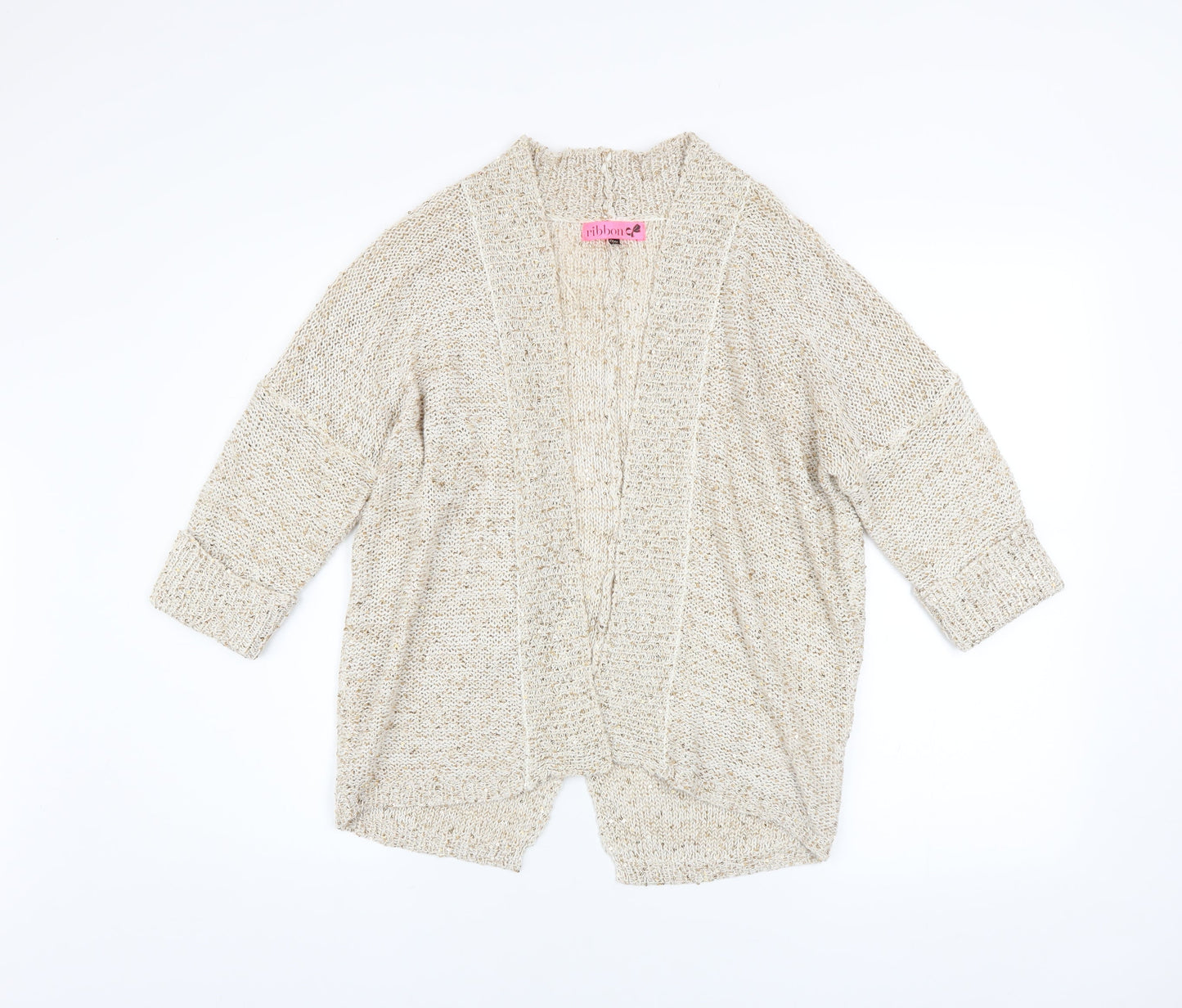 Ribbon Women Beige Sequin Knit Open Cardigan Size 10