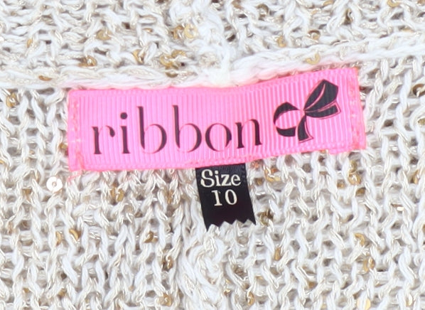 Ribbon Women Beige Sequin Knit Open Cardigan Size 10