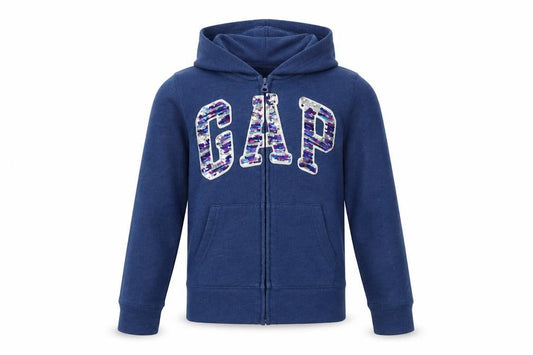 Front view of Gap Kids girls’ blue sequin logo full zip hoodie 12-13 years