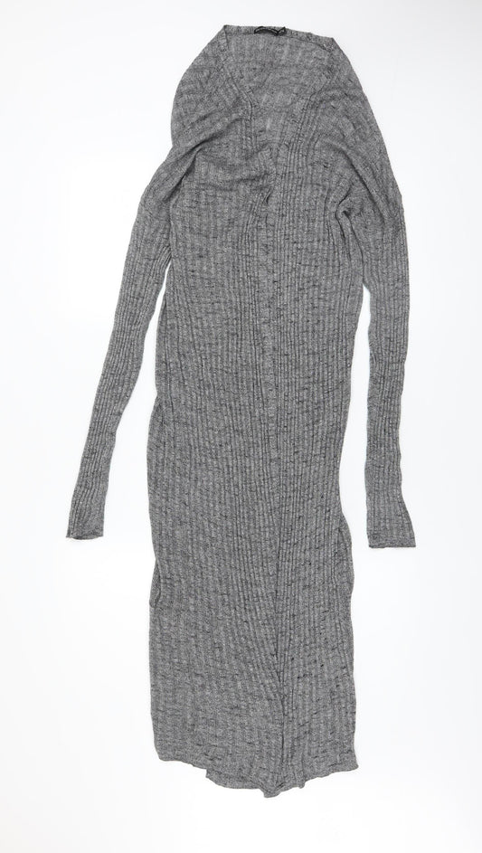 Bershka Women Grey Long Rib Knit Open Cardigan L