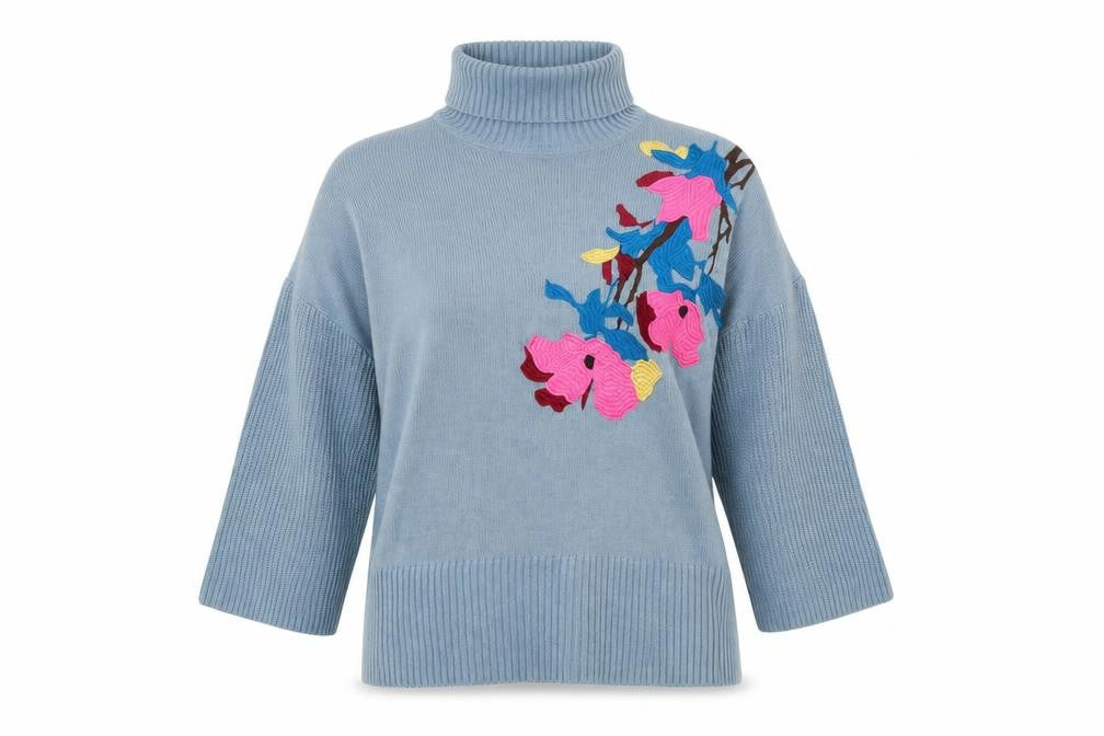 Lost Ink Women’s Blue Floral Roll Neck Jumper Size 10 Acrylic Knit
