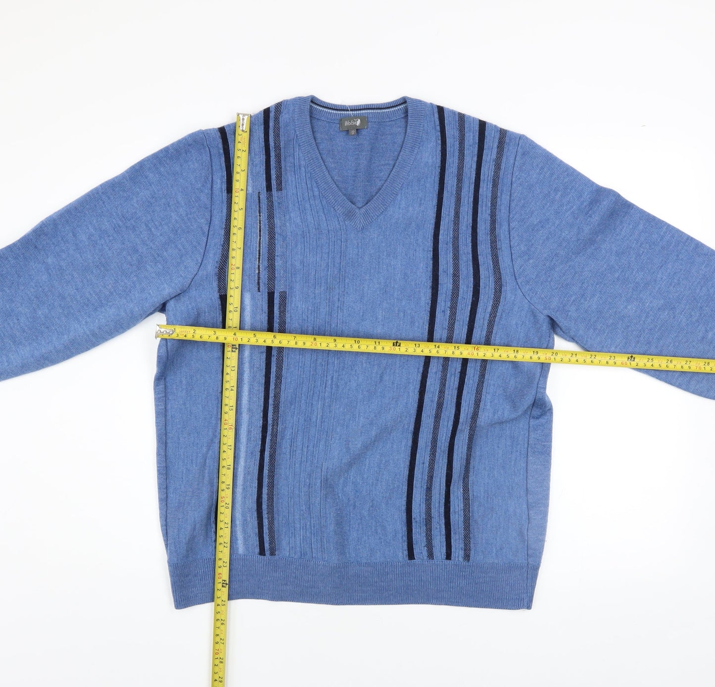 Wolsey Men's Blue Striped Wool Blend V-Neck Pullover Jumper Size M