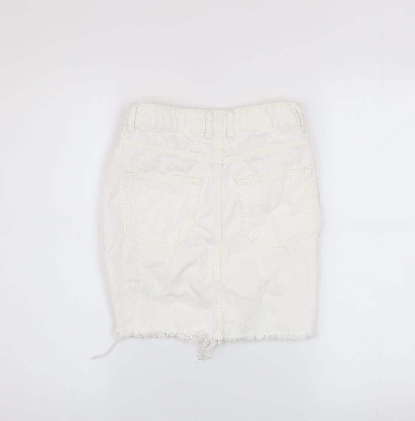 Topshop Women White Size 6 Denim Short Frayed Pencil Skirt