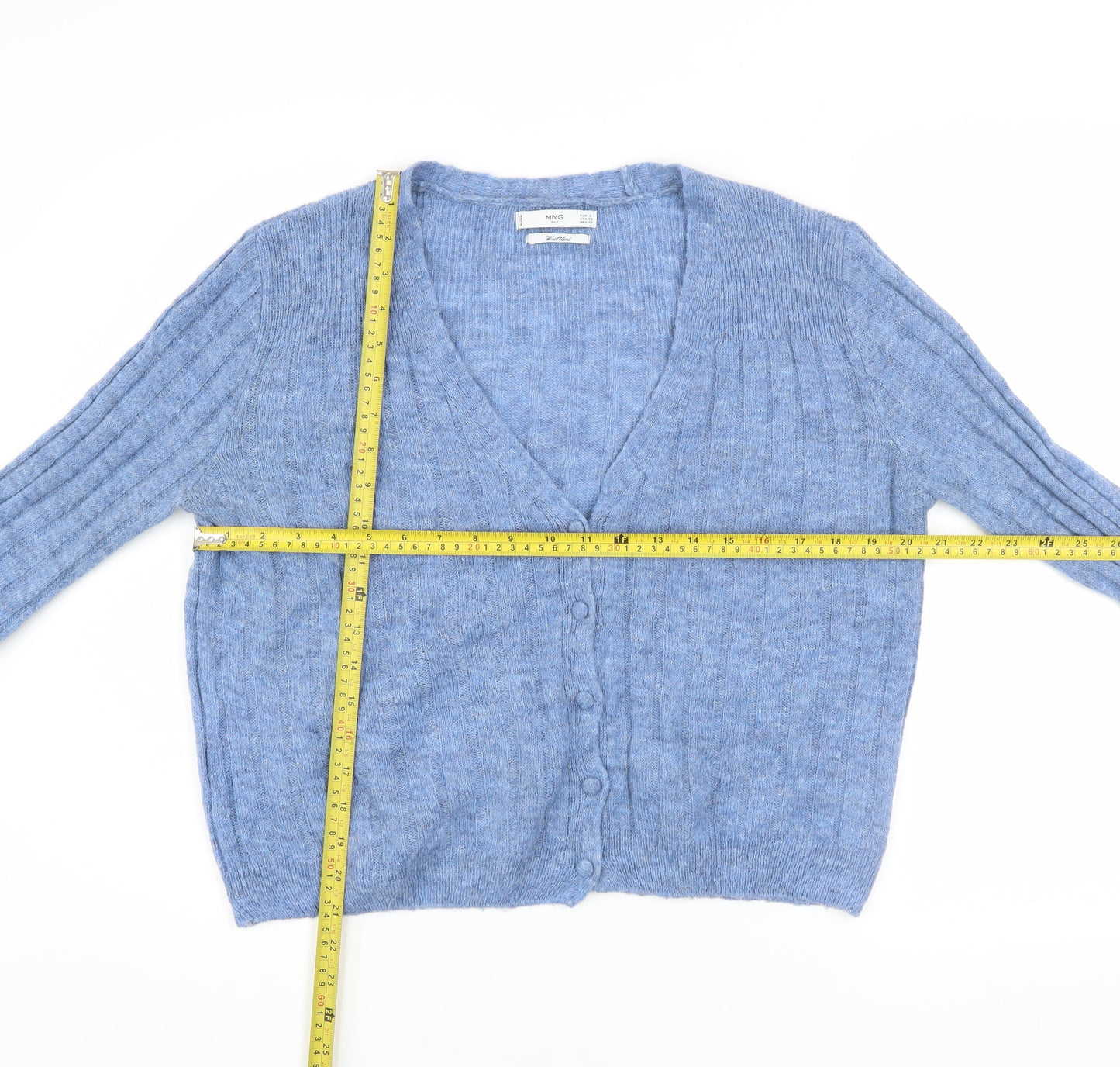 MNG Women’s Blue Wool Blend Ribbed V-Neck Button Cardigan Size 8
