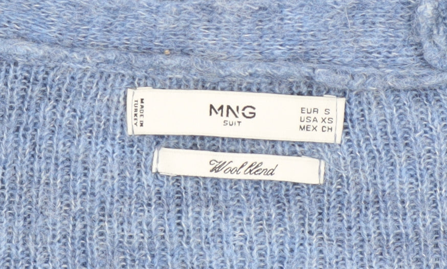 MNG Women’s Blue Wool Blend Ribbed V-Neck Button Cardigan Size 8