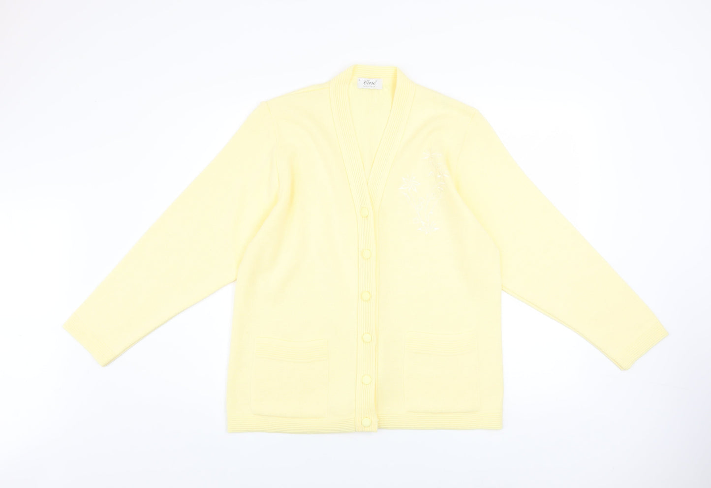 Care Women Yellow Cardigan L Knit V-Neck Button Classic Embroidered