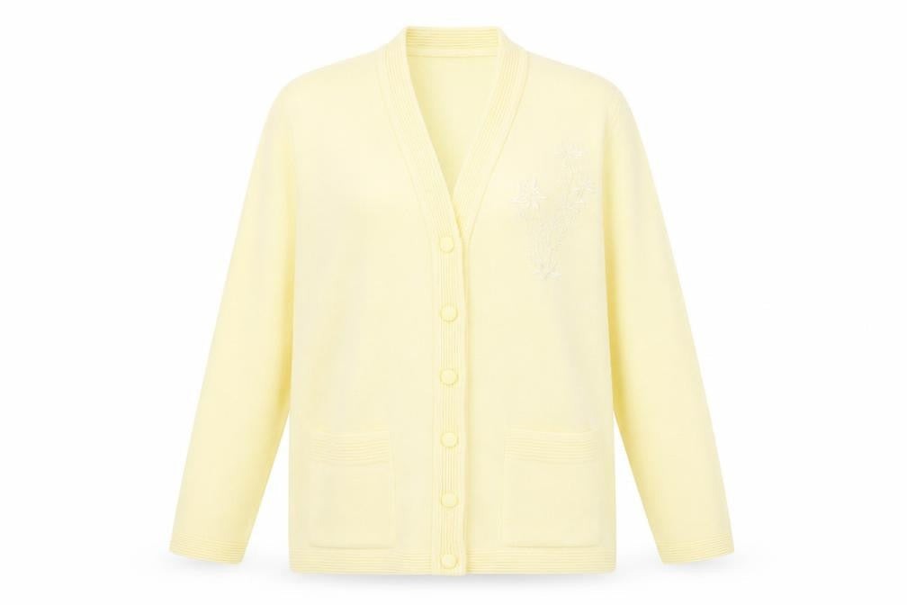 Care Women Yellow Cardigan L Knit V-Neck Button Classic Embroidered