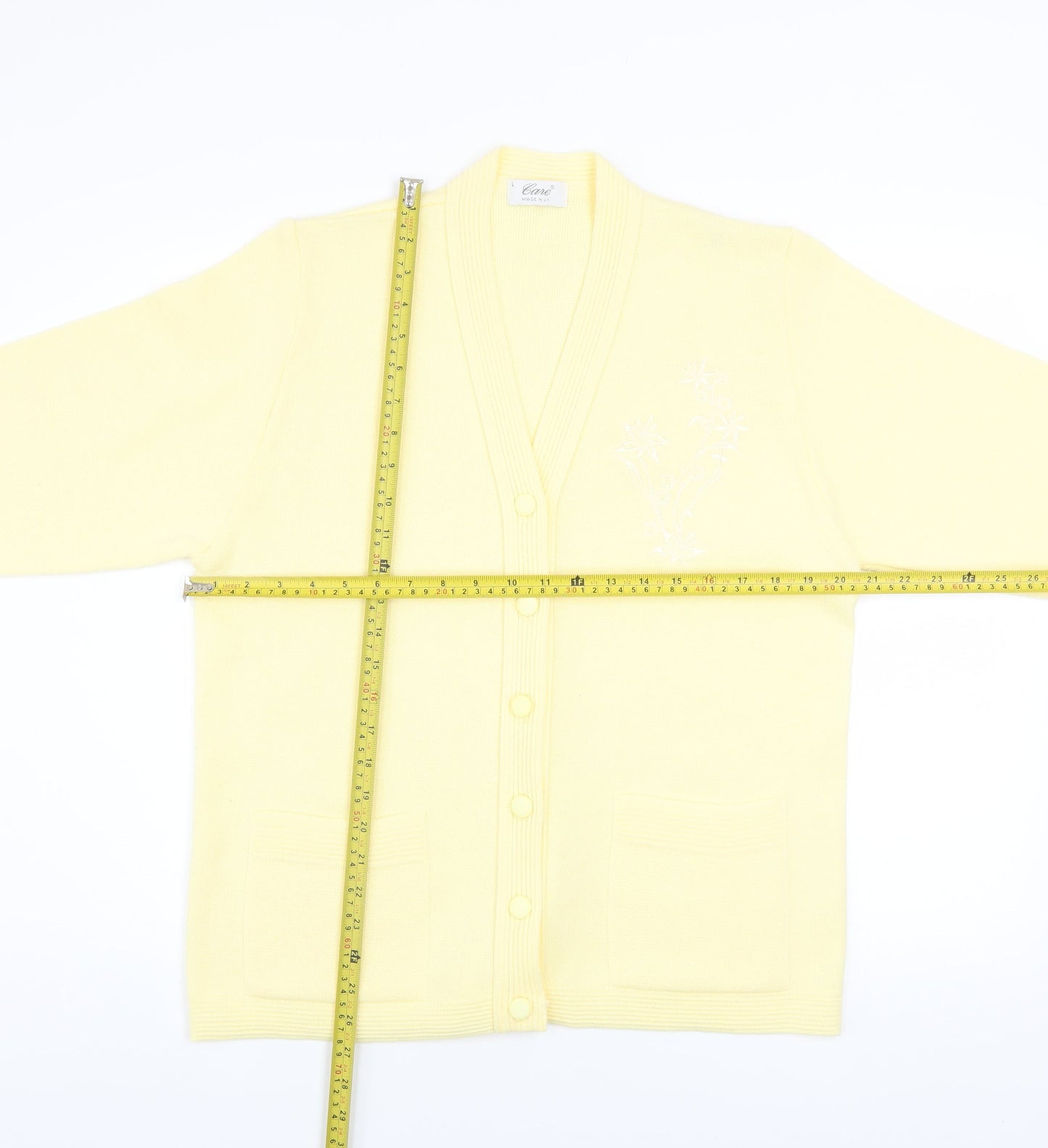 Care Women Yellow Cardigan L Knit V-Neck Button Classic Embroidered