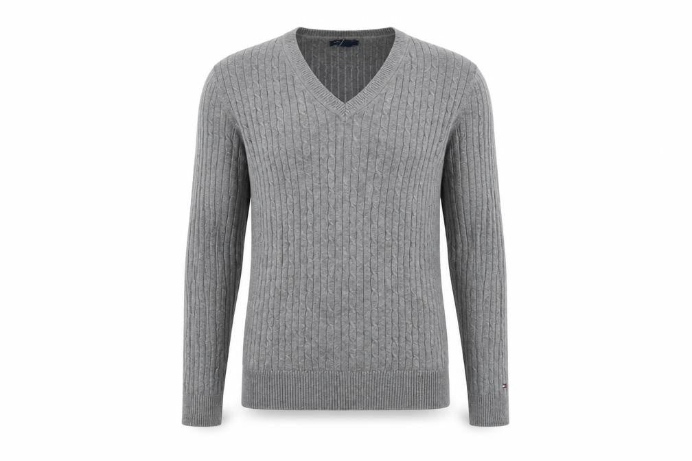 Tommy Hilfiger Men’s Grey Cotton V-Neck Cable Knit Jumper L