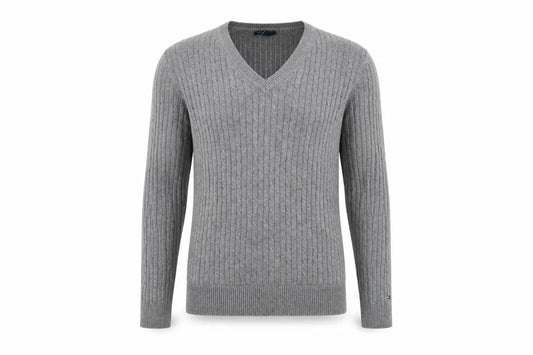 Tommy Hilfiger Men’s Grey Cotton V-Neck Cable Knit Jumper L