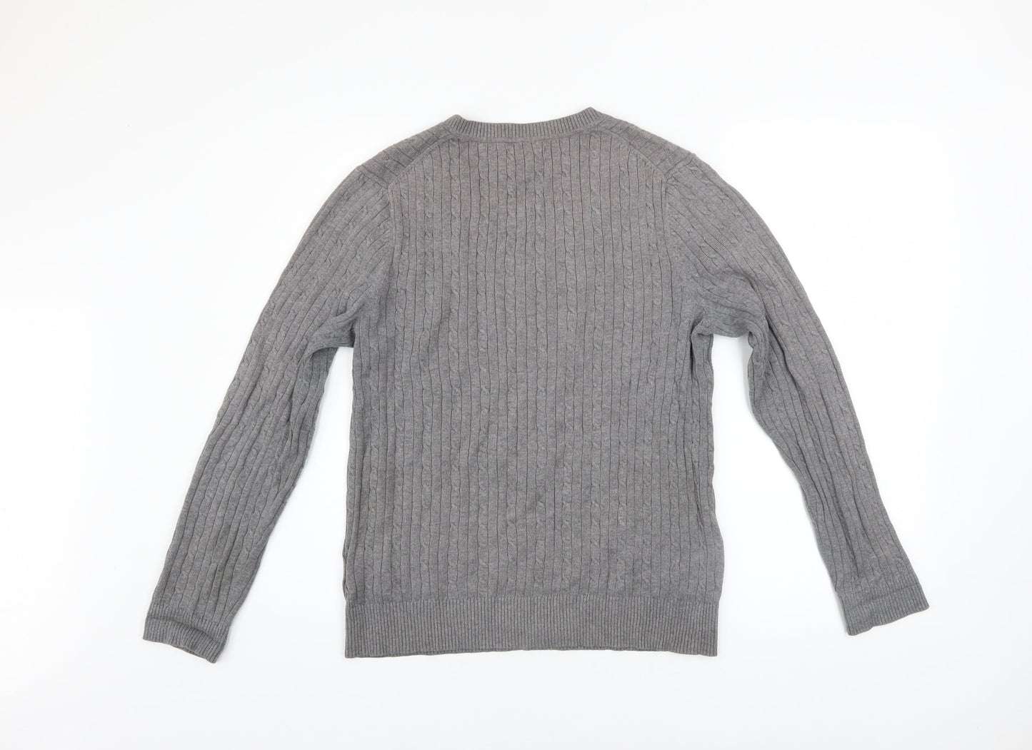 Tommy Hilfiger Men’s Grey Cotton V-Neck Cable Knit Jumper L