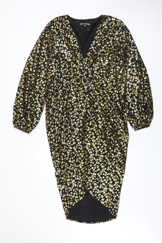 Girl In Mind Women Black Gold Leopard Print Bodycon Dress Size 12