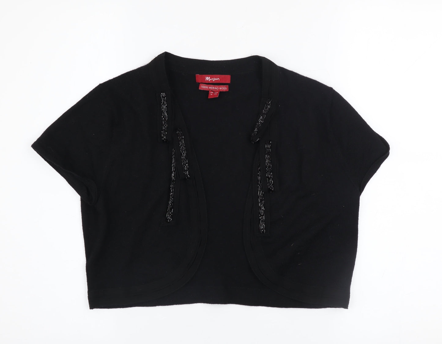 Monsoon Women’s Black Merino Wool Beaded Shrug Size 16 Short Sleeve