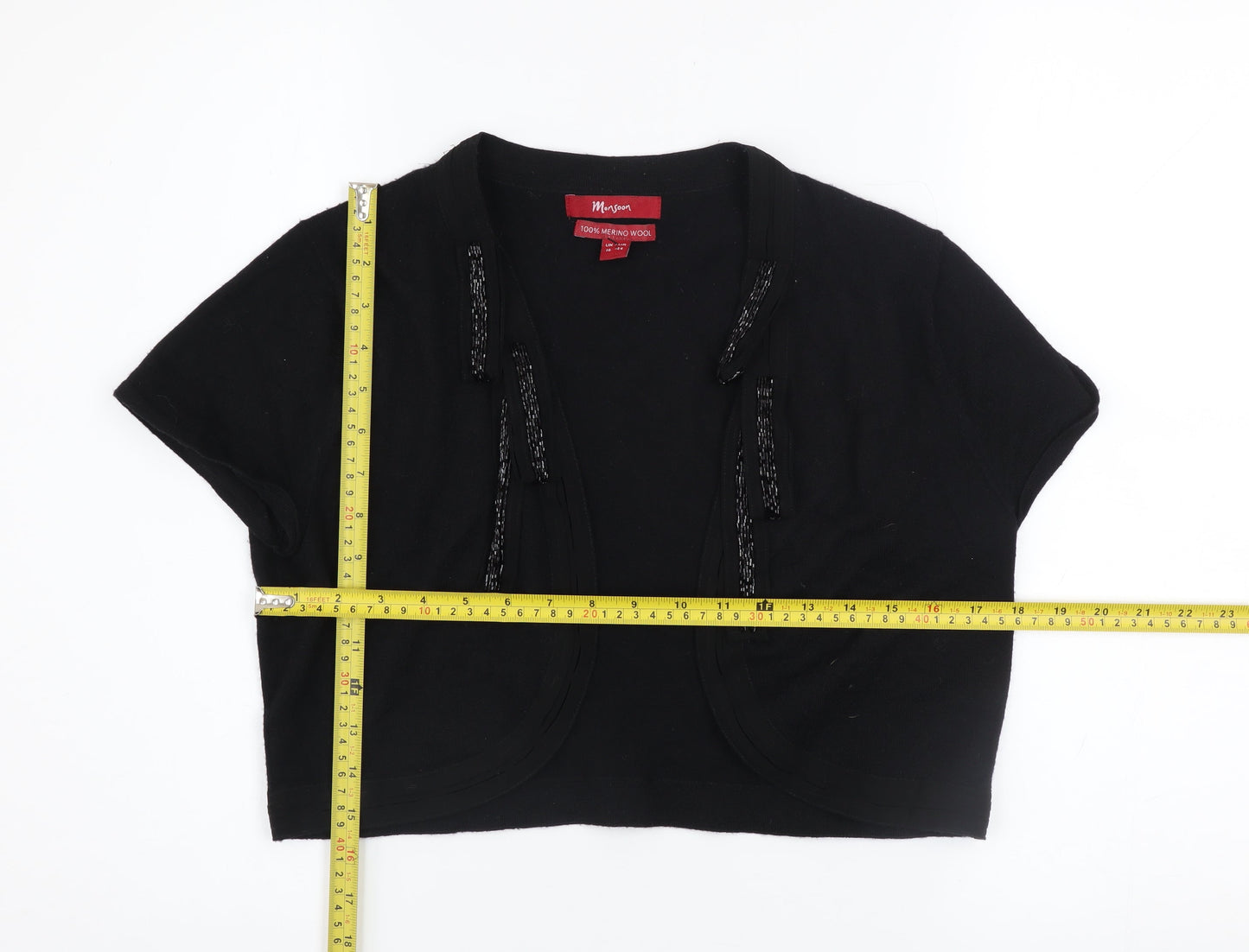 Monsoon Women’s Black Merino Wool Beaded Shrug Size 16 Short Sleeve