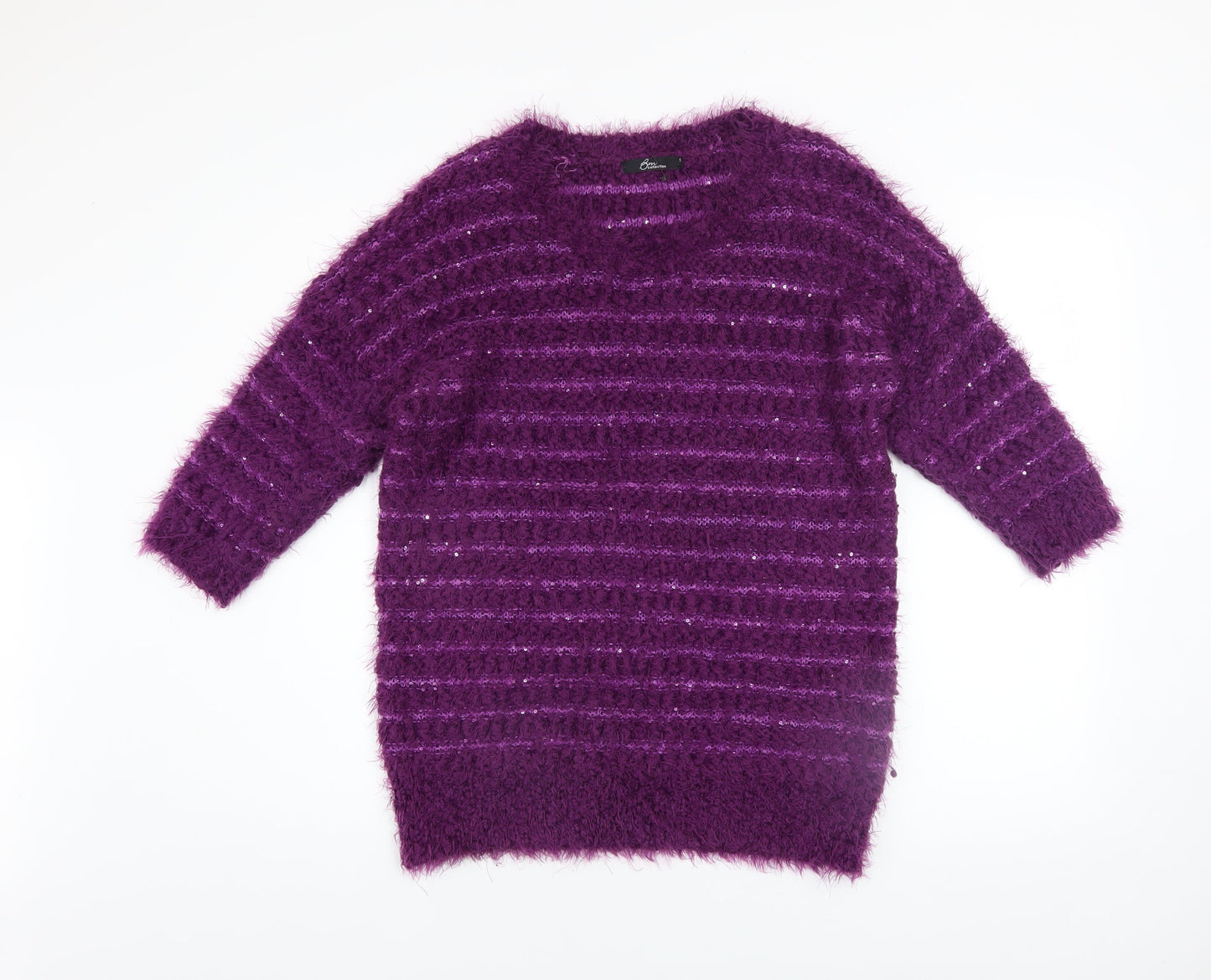 BM Collection Women's Purple Sequin Open-Knit Pullover Jumper Size S