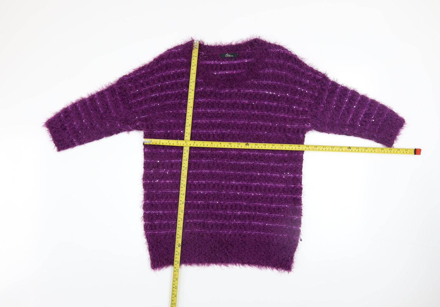 BM Collection Women's Purple Sequin Open-Knit Pullover Jumper Size S