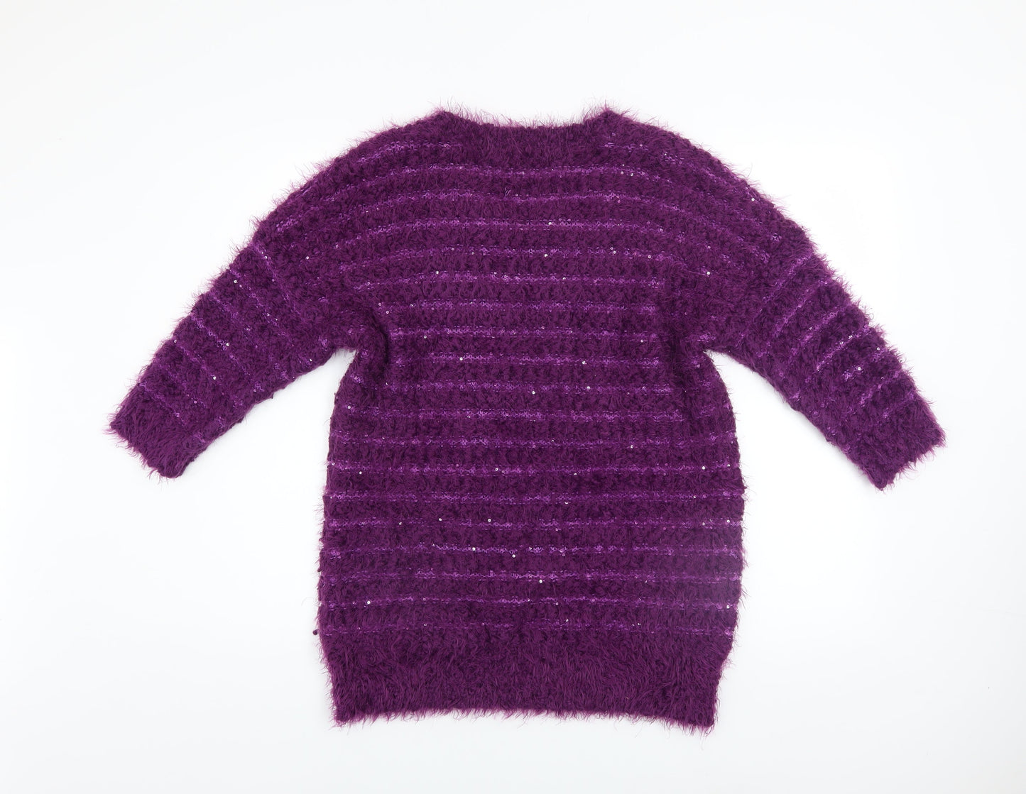 BM Collection Women's Purple Sequin Open-Knit Pullover Jumper Size S
