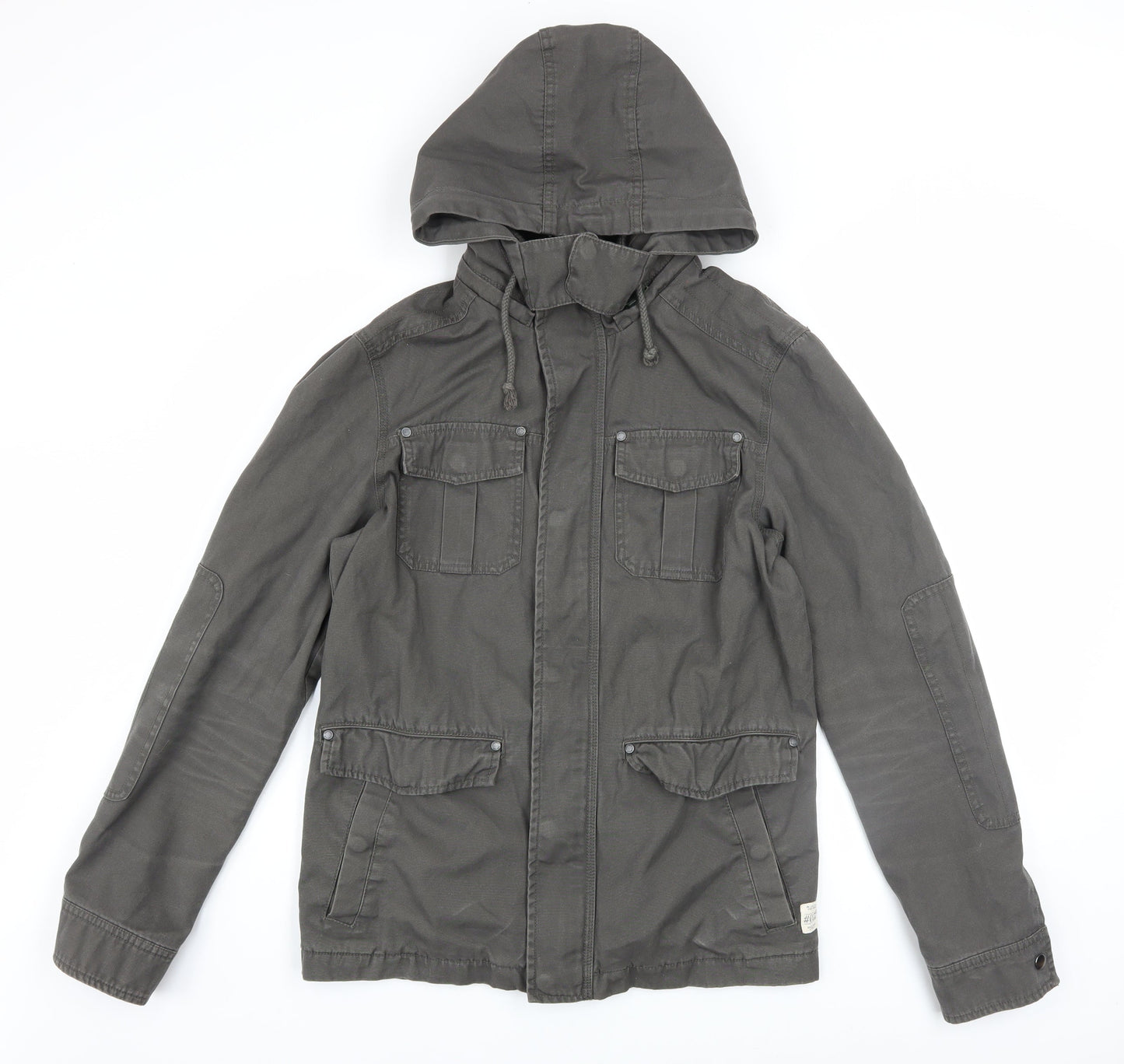 Jeanswest Men's Grey Cotton Hooded Military Jacket Size S