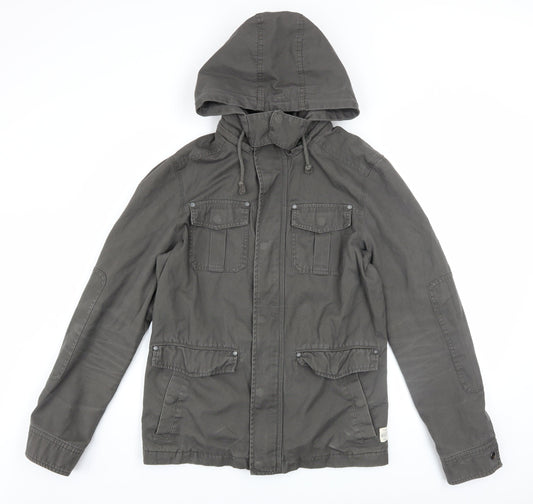 Jeanswest Men's Grey Cotton Hooded Military Jacket Size S