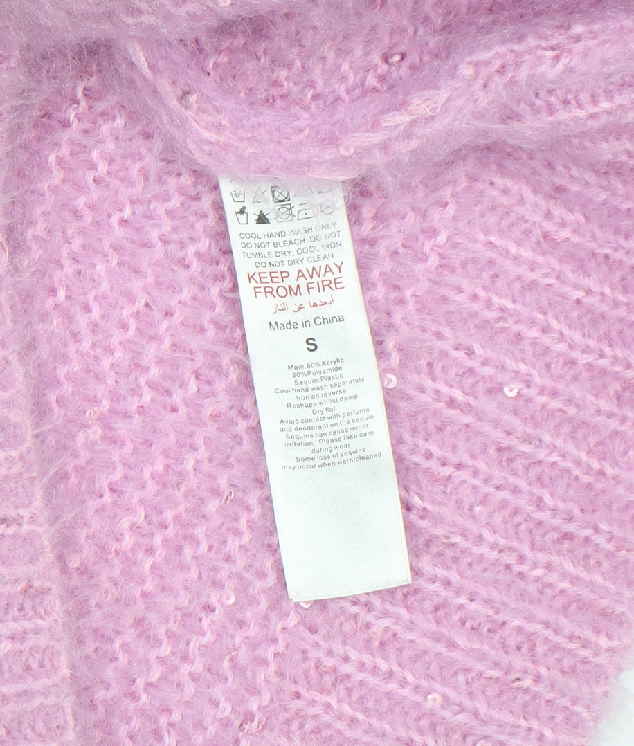 Boohoo Women's Pink Sequin Roll Neck Chunky Knit Jumper Size S