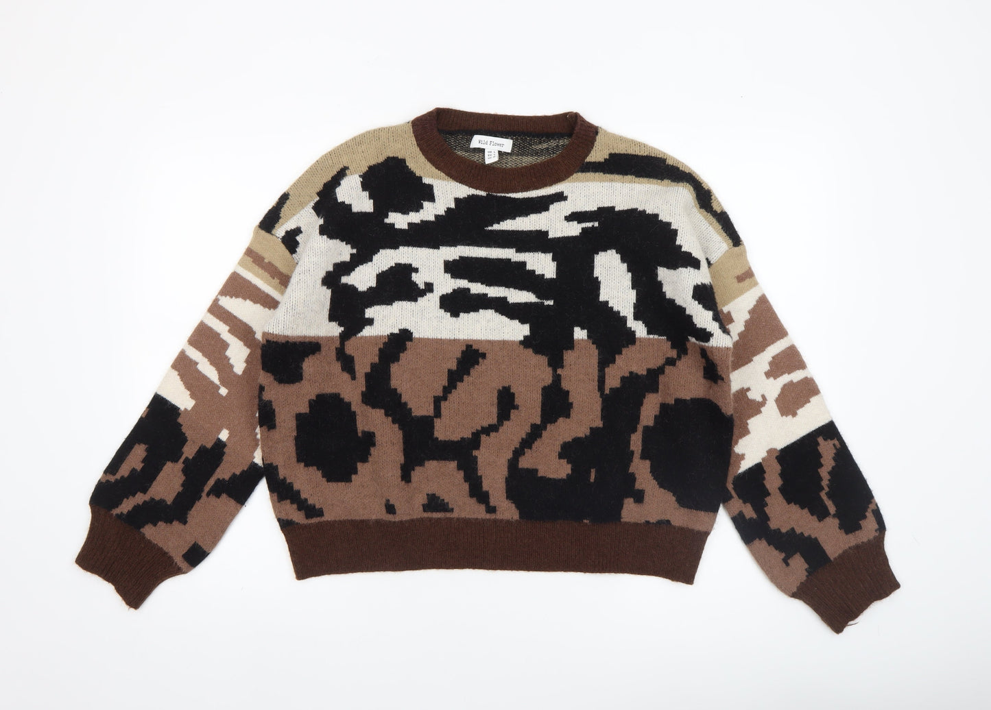 Wild Flower Women’s Brown Beige Abstract Knit Jumper UK L