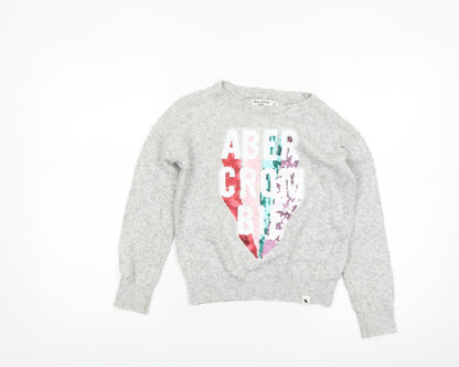 Abercrombie & Fitch Kids Girls Grey Sequin Logo Jumper Size 7/8 Cotton Pullover