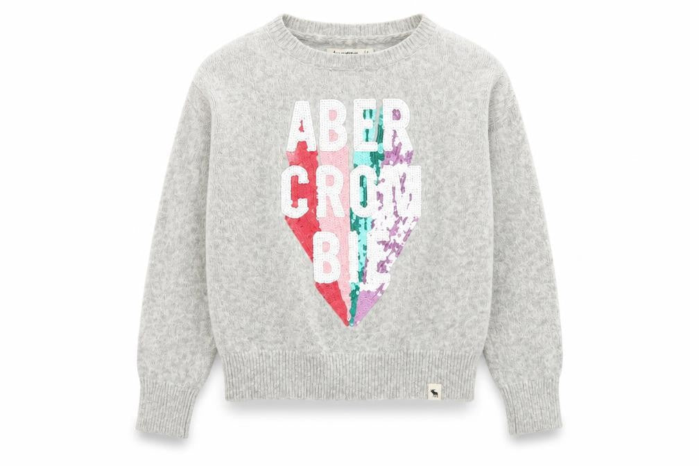 Abercrombie Kids Girls Grey Sequin Logo Jumper Size 7/8 Cotton Pullover