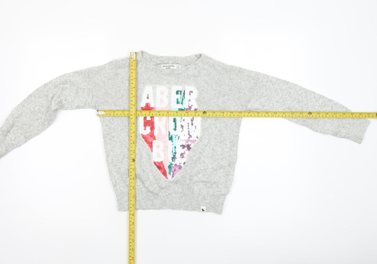 Abercrombie Kids Girls Grey Sequin Logo Jumper Size 7/8 Cotton Pullover