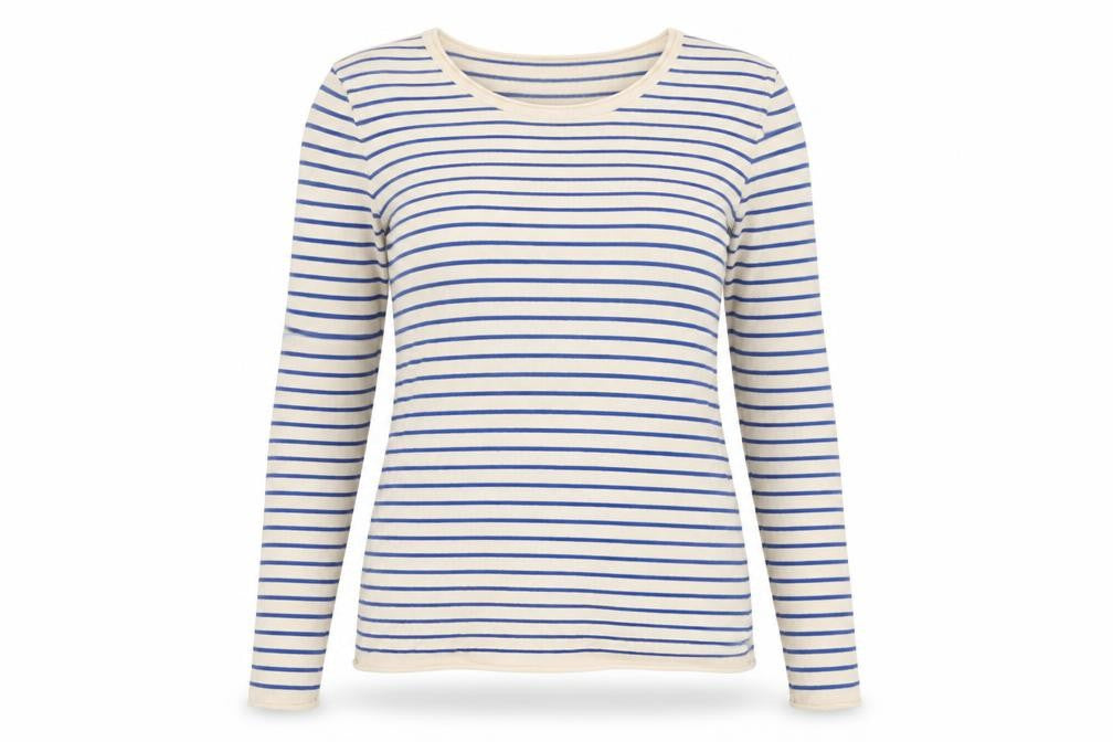 Zara Women Beige Blue Striped Crew Neck Pullover Jumper Size 12