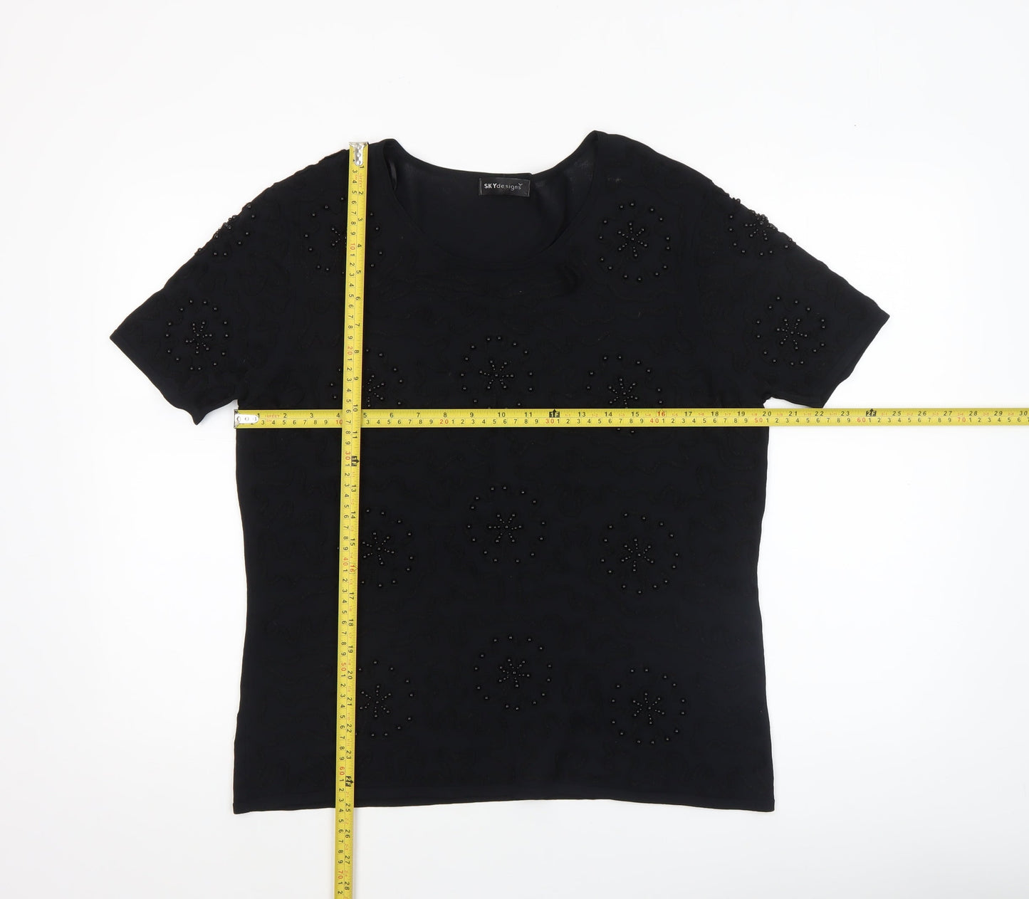 SKY Designs Women’s Black Beaded Short Sleeve Knit Top Size 4