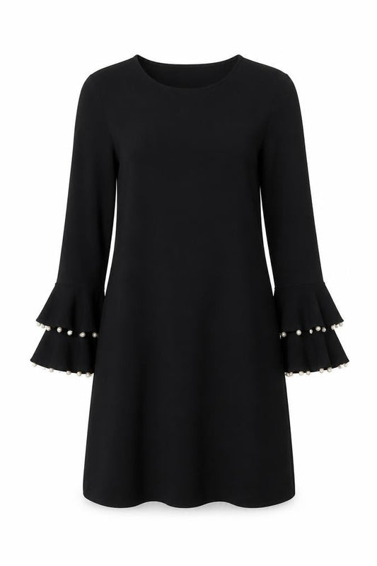 ZARA Women Black M Shift Dress Long Bell Sleeves Beaded Cocktail