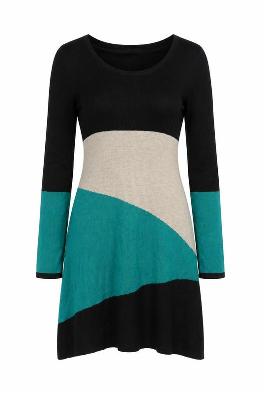 Wallis Petite Women’s Green Beige Black Colourblock A-Line Knit Dress M