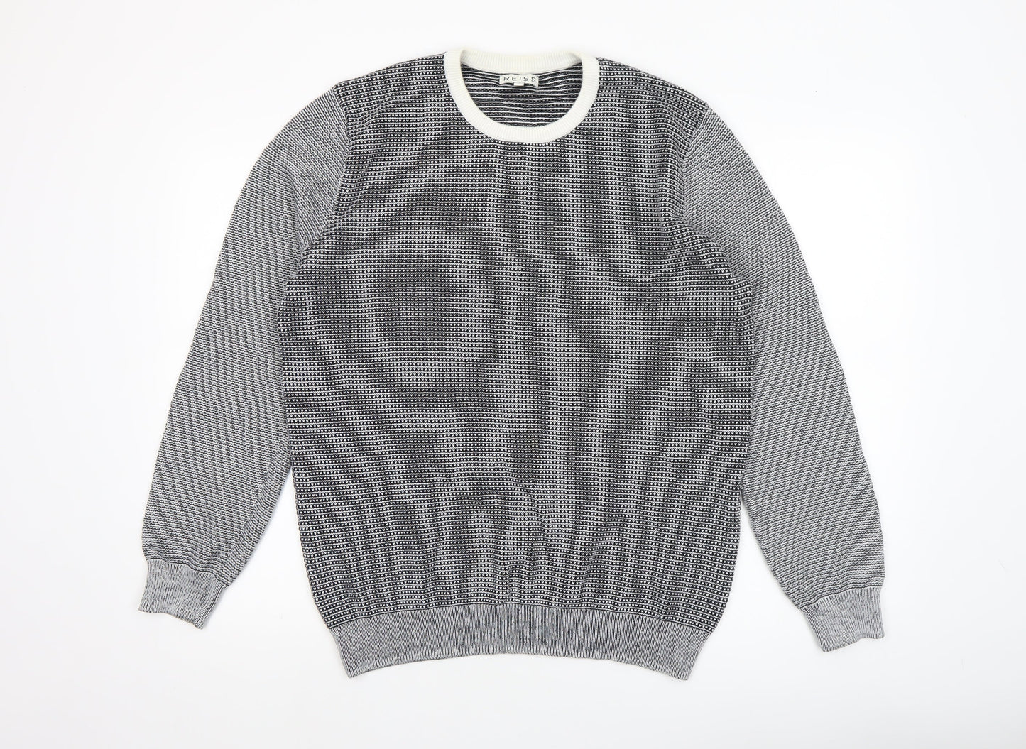 Reiss Men's Grey Cotton Crew Neck Geometric Knit Jumper XL
