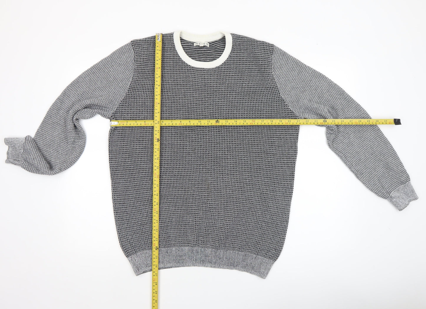 Reiss Men's Grey Cotton Crew Neck Geometric Knit Jumper XL