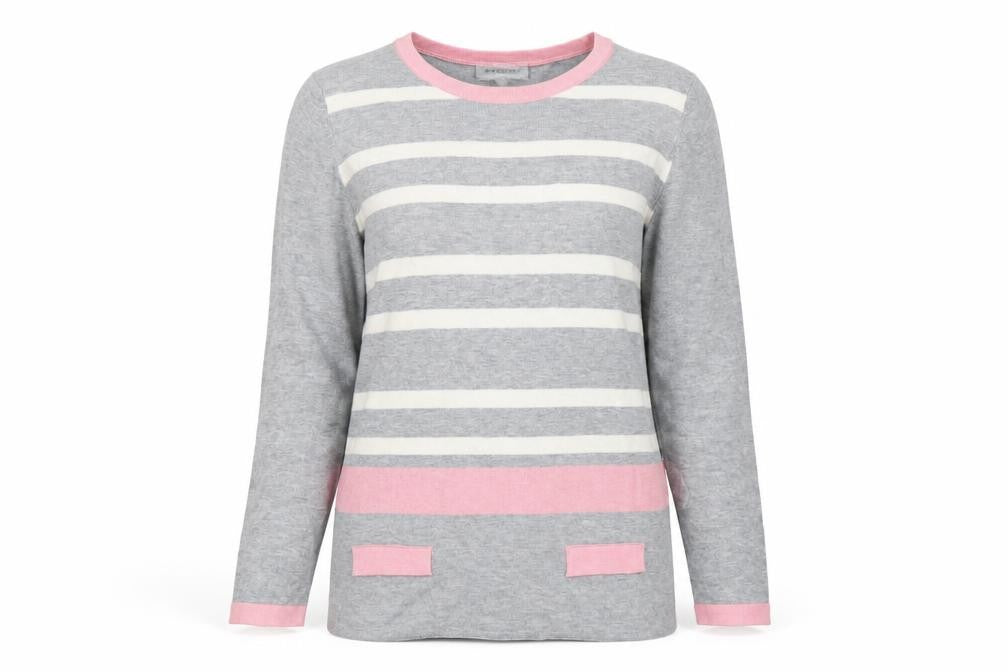 Bassini Women's Grey Pink Stripe Cotton Blend Pullover Jumper L