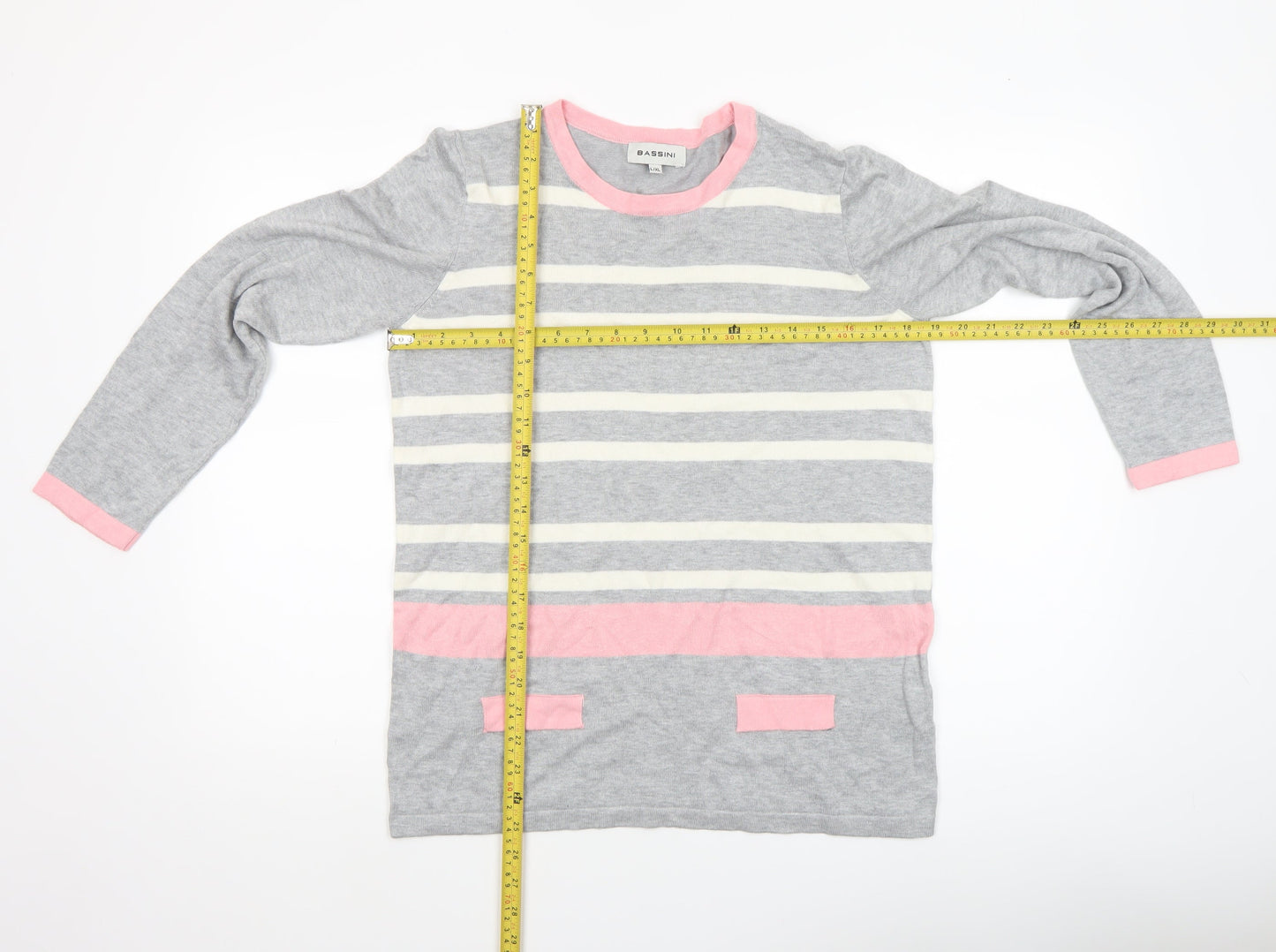 Bassini Women's Grey Pink Stripe Cotton Blend Pullover Jumper L