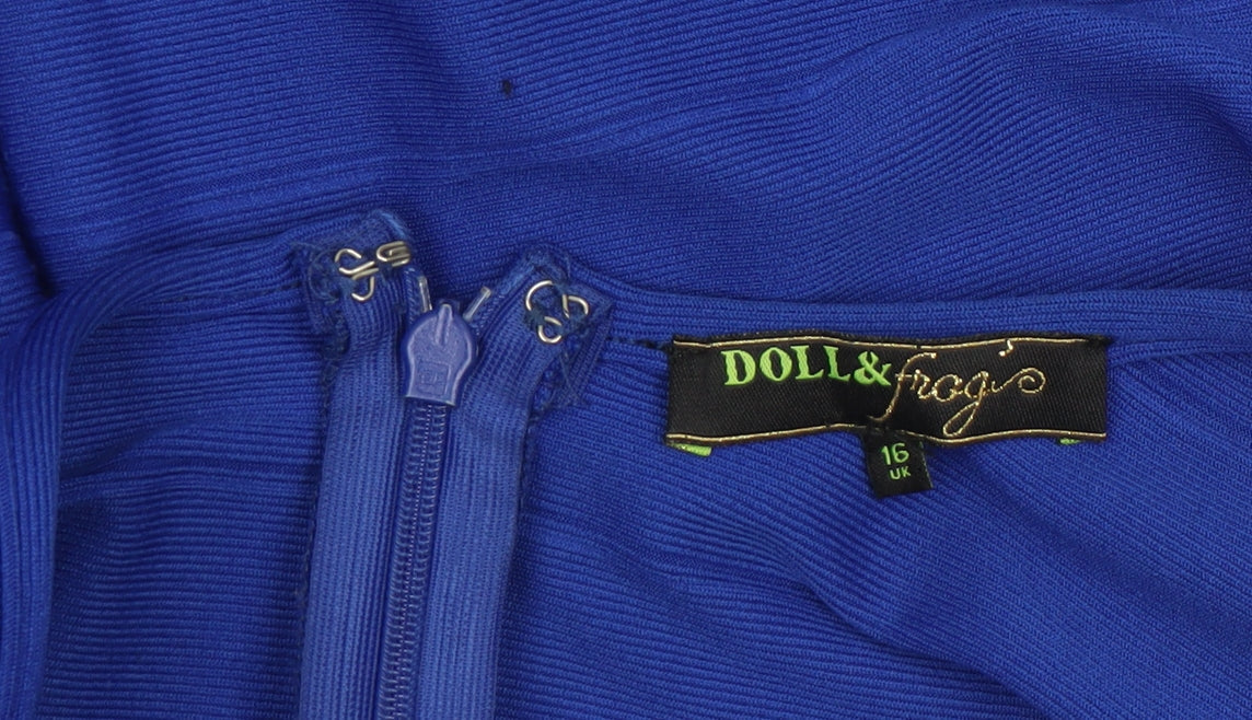 Doll & Frog Women's Blue Bodycon Zip V-Neck Sleeveless Dress Size 16