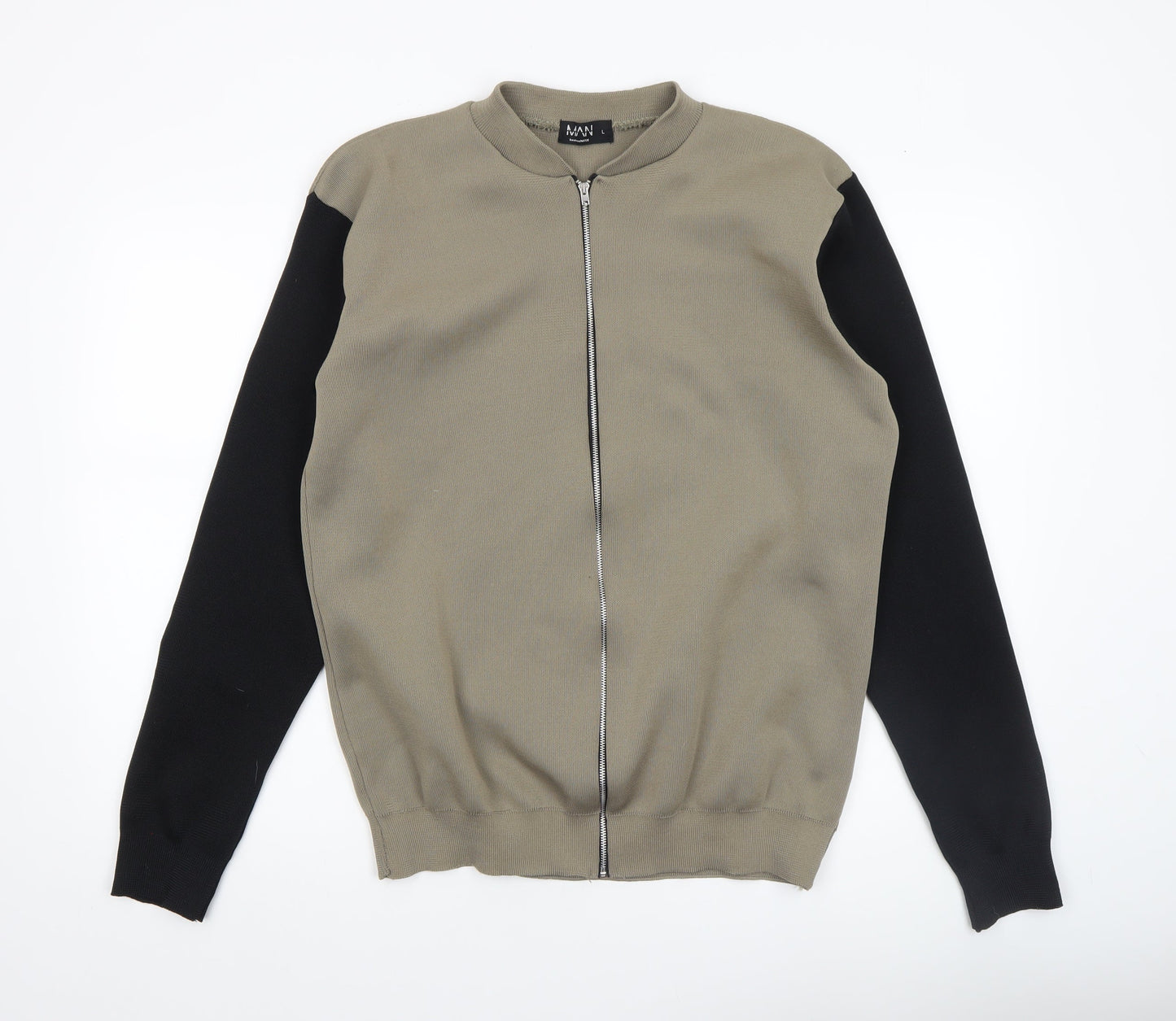 boohooMAN Men's Khaki & Black Bomber Jacket Size L Full Zip Lightweight Knit