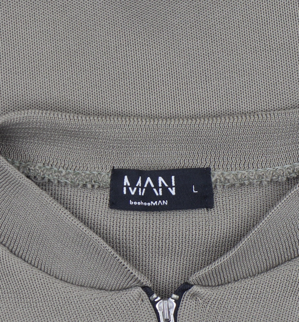 boohooMAN Men's Khaki & Black Bomber Jacket Size L Full Zip Lightweight Knit