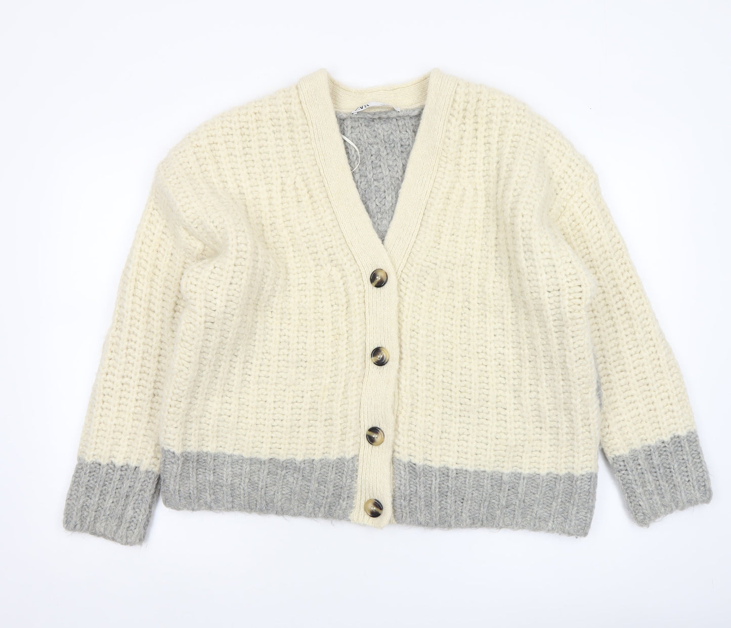 Zara Women’s Cream Grey Chunky Knit Cardigan Size S