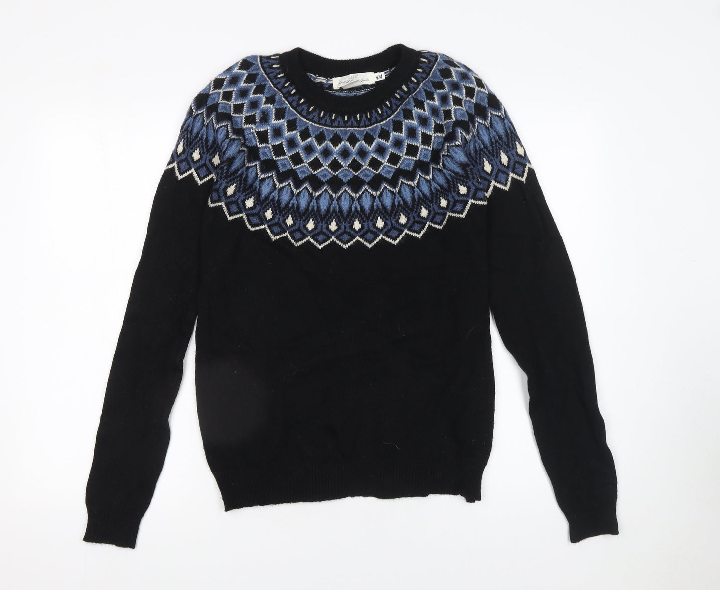 H&M Men’s Black Fair Isle Crew Neck Wool Blend Jumper M