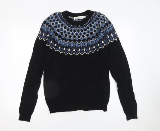 H&M Men’s Black Fair Isle Crew Neck Wool Blend Jumper M
