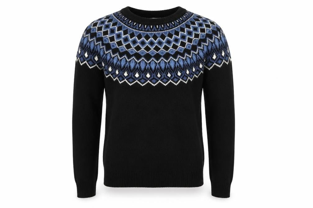 H&M Men’s Black Fair Isle Crew Neck Wool Blend Jumper M