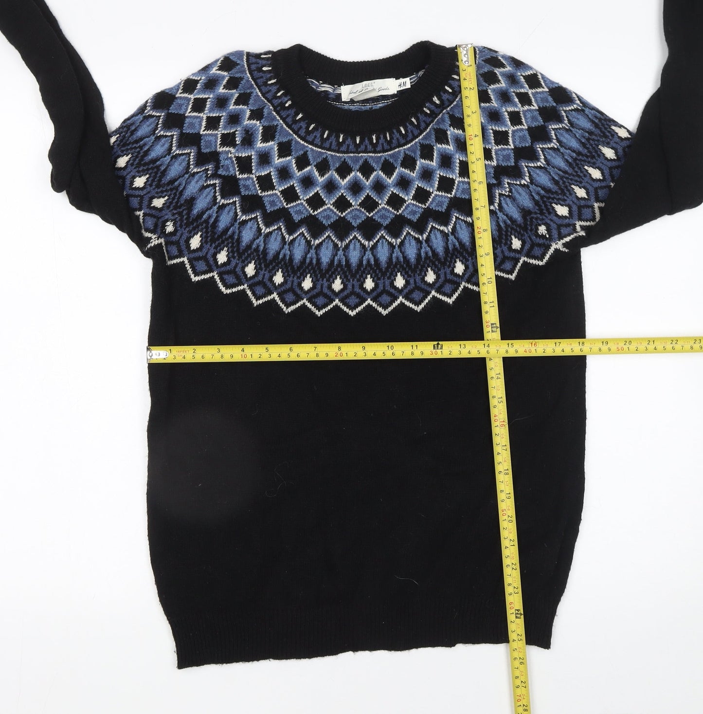 H&M Men’s Black Fair Isle Crew Neck Wool Blend Jumper M