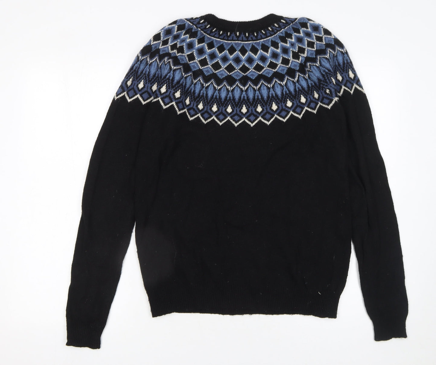 H&M Men’s Black Fair Isle Crew Neck Wool Blend Jumper M