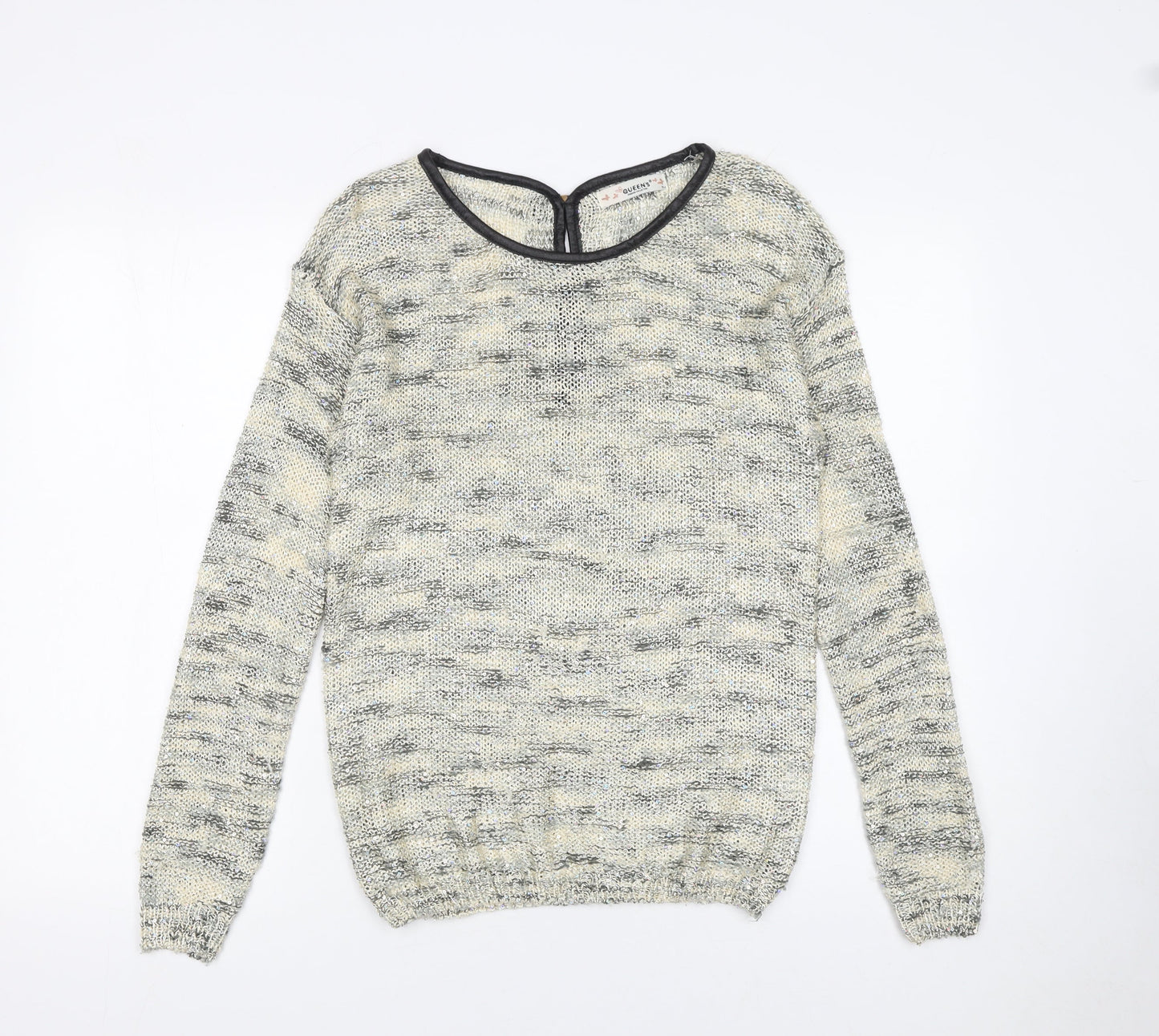 QUEEN'S Women's Grey Open-Knit Bow Back Pullover Jumper Size S