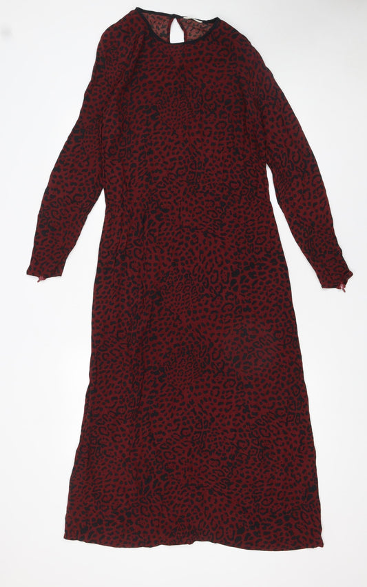 Hush Women's Red Animal Print Midi Shift Dress Size 8 Long Sleeve